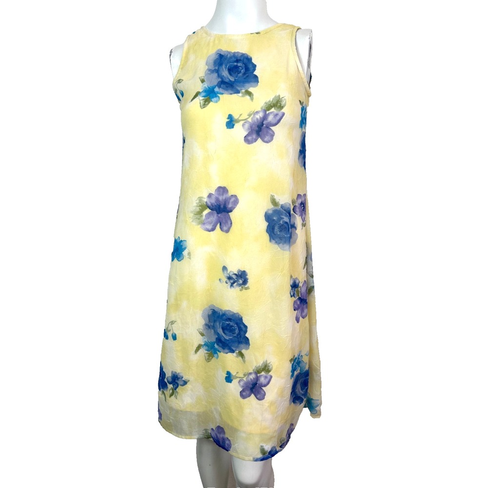 VTG 90s Jazz Kids Pastel Floral Chiffon Midi Dress Girls 12 Yellow Blue Crinkle